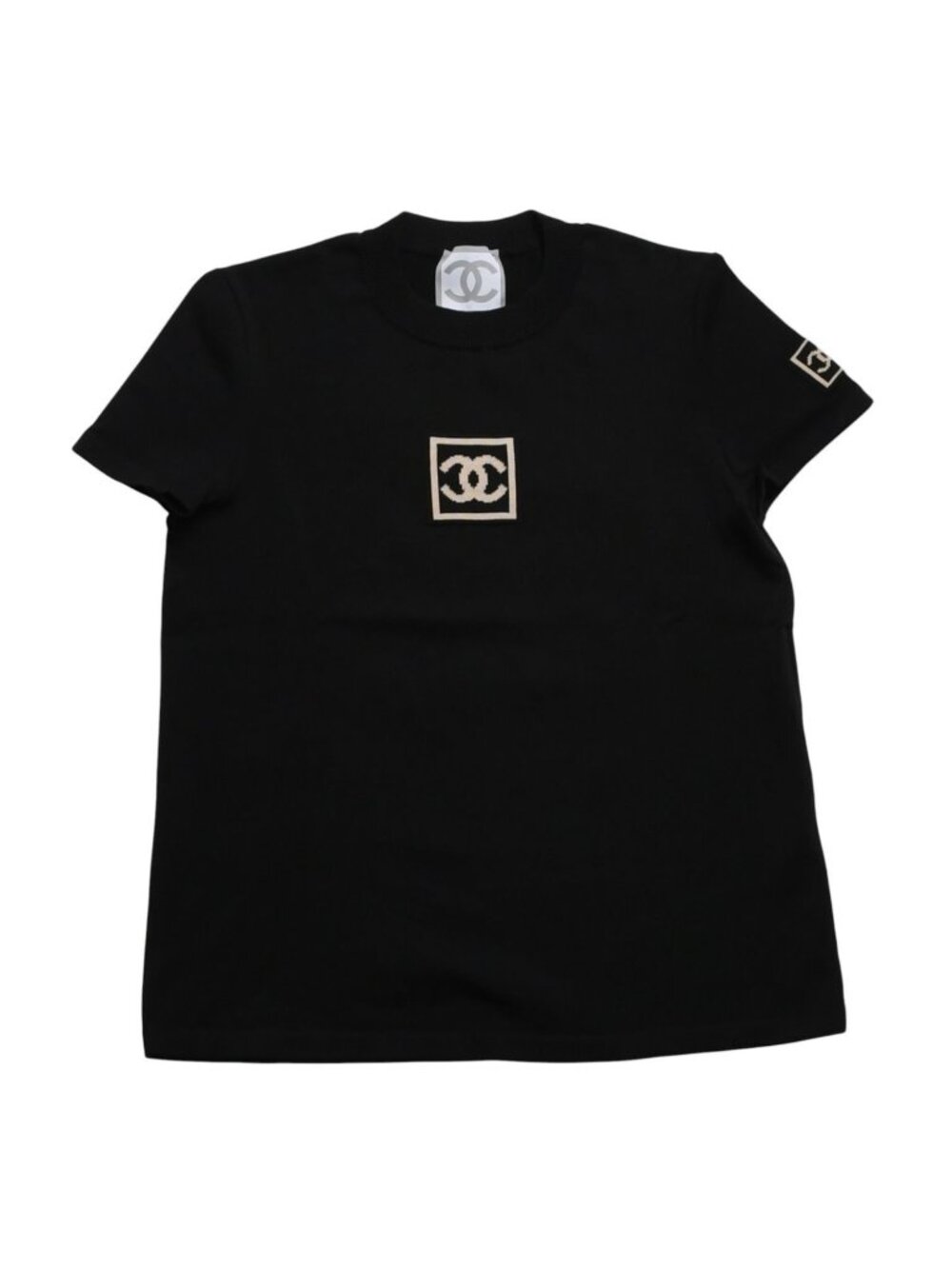 Chanel Knit Short Sleeve Top T-Shirt CC Logo Cotton Black Sweater